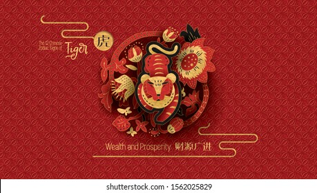 The 12 Chinese Zodiac Signs of Tiger with corresponding hieroglyphs. Happy Chinese New Year greeting. Vector illustration. svg