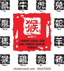 12 Chinese zodiac symbols / 2016 year of the Monkey
