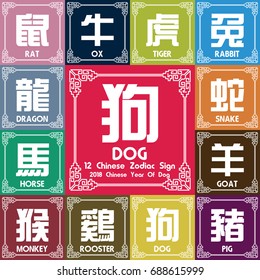 12 Chinese zodiac symbols / 2018 year of the Dog