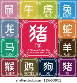 12 Chinese zodiac symbols / 2019 year of the Pig