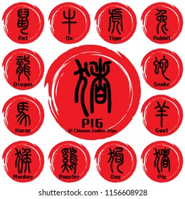 12 Chinese zodiac symbols / 2019 year of the Pig