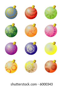 12 Christmas tree decorations with different ornaments, made from glass