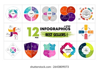  12 Circle arrow shape Vector Infographics Bundle. Presentation 4 option step slide templates. Circle chart diagrams. Perfect for marketing or business strategy project. vector eps