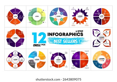 12 Circle Vector Infographics Bundle. Presentation 4 option step slide templates. Circle chart diagrams. Perfect for marketing or business strategy project. vector eps