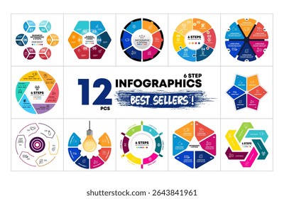 12 Circle Vector Infographics Bundle. Presentation 6 option step slide templates. Circle chart diagrams. Perfect for marketing or business strategy project. vector eps