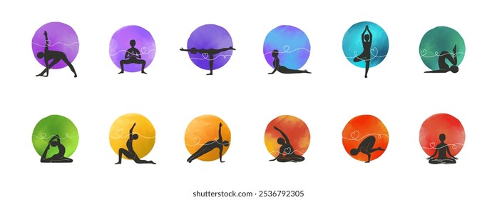 12 Ilustraciones vectoriales circulares que muestran siluetas de diferentes poses de yoga contra círculos multicolores degradados, cada una con acentos decorativos en forma de corazón. Todo fijado en la parte posterior transparente.