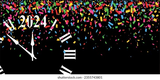 12 a clock. Best wishes, we wish you a happy New Year 2024 with many flying, falling tiny colored confetti pieces. Flat vector best Midnight slogan or quote. Christmas and New year greeting card. 