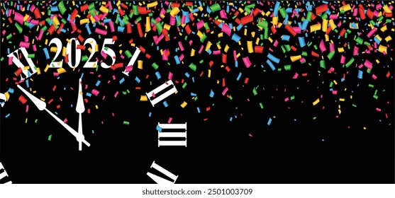 12 a clock. Best wishes, we wish you a happy New Year 2025 with many flying, falling tiny colored confetti pieces. Flat vector best Midnight slogan or quote. Christmas and New year greeting card. 