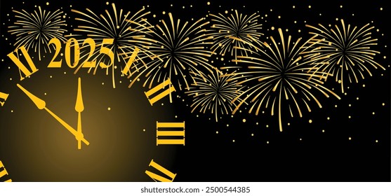 12 a clock firework. Best wishes, we wish you a happy New Year 2025 with many flying, falling tiny colored fireworks. Vector best Midnight slogan or quote. Christmas and New year greeting card. 