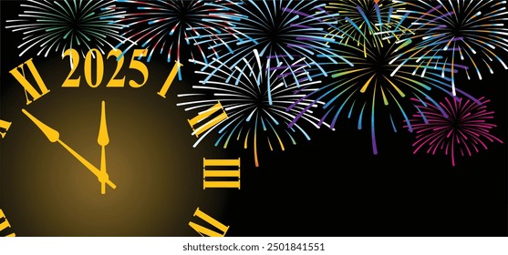 12 a clock firework. Best wishes, we wish you a happy New Year 2025 with many flying, falling tiny colored fireworks. Vector best Midnight slogan or quote. Christmas and New year greeting card. 