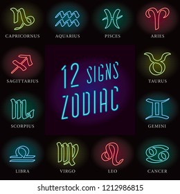 12 Clockwise Glowing Neon Zodiac Signs Capricorn Aquarius Pisces Aries Taurus Gemini Cancer Leo Virgo Libra Scorpio Sagittarius and Logos Lettering on Black Background - Vector Hand Drawn Design