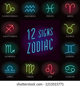 12 Clockwise Outlined Neon Zodiac Signs Capricorn Aquarius Pisces Aries Taurus Gemini Cancer Leo Virgo Libra Scorpio Sagittarius and Logos Lettering on Black Background - Vector Hand Drawn Design