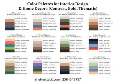 12 Color Palettes Collection 1 for Interior Design and Home Decor, Color Schemes with Hex Codes and Names, Color Swatches and Combinations, Vector Illustration