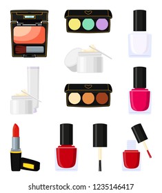 12 colorful cartoon make up elements. Cosmetic objects for women gifts. Beauty themed vector illustration for icon, logo, stamp, label, sticker, badge, gift card or certificate decoration