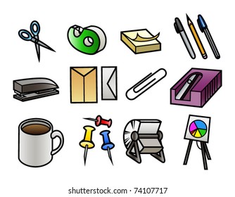 12 Colorful Cartoon Office Supply Icons.