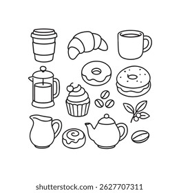 12 colorful food icons: donut, croissant, coffee cups and more. Clean, modern vector style. EPS file included.