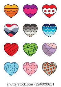 12 colorful hearts. Vector shapes.