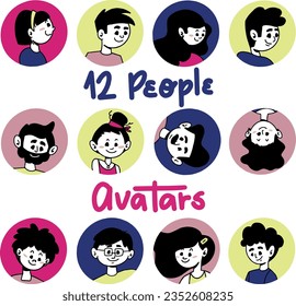 12 colorful people avatars. For social media, networking, website, user profile;