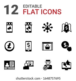 12 commerce filled icons set isolated on white background. Icons set with Mobile marketing, Affiliate marketing, Altcoin, digital banking, Angel investor, eCommerce marketing icons.