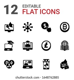 12 commerce filled icons set isolated on white background. Icons set with Digital marketing, Affiliate marketing, Cost per click, eCommerce, eCommerce Strategy, bitcoin icons.