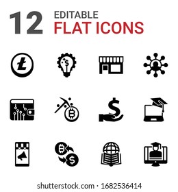 12 íconos rellenos de comercio establecidos aislados en fondo blanco. Iconos con Altcoin, soluciones de marketing, Pequeñas empresas, cartera digital, Minería, Marketing Afiliado, Iconos de marketing móvil.