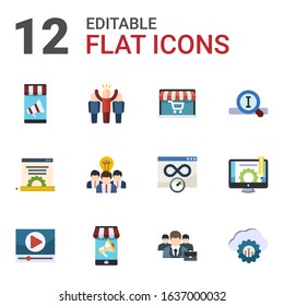 12 communication flat icons set isolated on white background. Icons set with Mobile marketing, leader, Audio Conference, Blog management, Collaborative idea, Search engine icons.