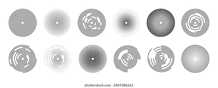 12 círculos concéntricos aislados sobre un fondo blanco. Centro radial espirales mínimas en blanco. Onda de radio y sonar. Ilusión. Pulsación. Vector.