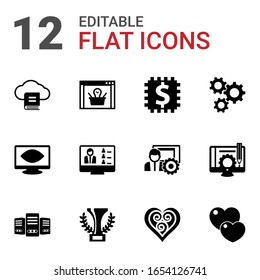 12 iconos rellenos de concepto establecidos aislados en fondo blanco. Conjuntos de iconos con Email Marketing, soluciones de comercio electrónico, Aprendizaje combinado, Visión de Computación, Seminario web, rueda cognitiva, iconos de datos grandes.