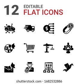 12 concept filled icons set isolated on white background. Icons set with Asynchronous Learning, Webinar, Marketing budget, Social campaign, Distance Exam, Attract, Email marketing icons.