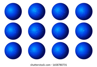12 constellations 3d icon set, vector illustration, blue