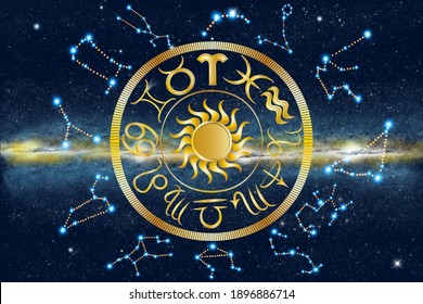 12 Constellations and 12 horoscope signs chart on galactic background. Horocope calendar. Vector illustration.