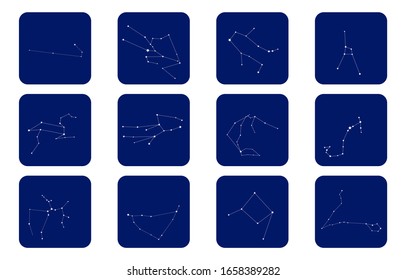 12 constellations icon set, vector illustration, blue