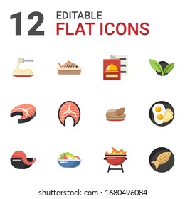 12 cooking flat icons set isolated on white background. Icons set with Pasta, baked fish, restaurant menu, fish steak, salmon, vegetarian, seafood soup, Salad, BBQ Grill icons.