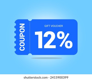 12% coupon promotion sale. Twelve percent Vector Gift Voucher. Blue discount, lucky ticket, special offer promo. Web, shopping label, percent sign. Special price offers.