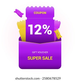 12% coupon promotion sale. Twelve percent off super sale design. Envelope with paper vouchers and gift voucher. Vector illustration. Purple and yellow style.