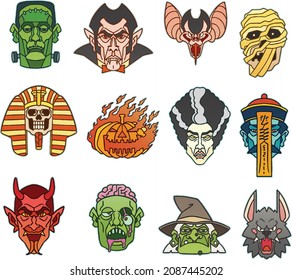 12 creepy monster face on white background for your design for the holiday Halloween. Vector isolated illustration.