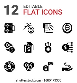 12 currency filled icons set isolated on white background. Icons set with mining farm, Mining, Expenses, crypto-exchange, Business education, bitcoin, casino Chip, Cryptocurrency icons.