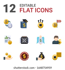 12 iconos planos de moneda establecidos aislados en fondo blanco. Iconos con criptointercambio, educación empresarial, Fork, Impuestos, ASIC Miner, Oferta de moneda inicial, Dividendos, iconos de Chip del casino.