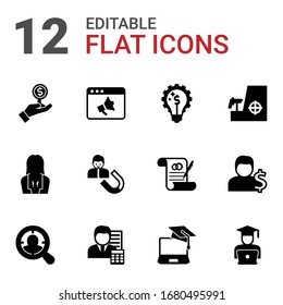 12 iconos rellenos por el cliente establecidos aislados en fondo blanco. Iconos establecidos con Inversor, Promo sitio web, soluciones de marketing, empresaria, Compromiso del Usuario, francotirador, íconos de Target Audience.
