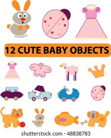 12 cute baby objects. vector