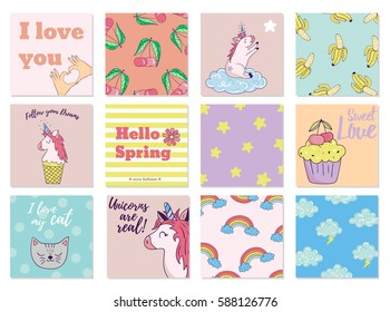 12 cute cards set in cartoon doodle style with banana,cherry.unicorn,rainbow,clouds,flowers,cat,lightning,star,hands,cake.Pastel colors.