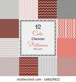 12 Cute different chevron vector seamless patterns (tiling). Black, white and red color. Endless texture can be used for printing onto fabric and paper or scrap booking.