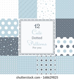 12 Cute different dotted vector seamless patterns (tiling). Polka dots set. Dark blue, white and blue color. Endless texture can be used for printing onto fabric and paper or scrap booking.