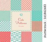 12 Cute different vector seamless patterns (tiling). Pink, red and blue color. Endless texture can be used for printing onto fabric and paper or scrap booking. Heart, stripes, rhombus, chevron.