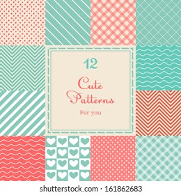 12 Cute different vector seamless patterns (tiling). Pink, red and blue color. Endless texture can be used for printing onto fabric and paper or scrap booking. Heart, stripes, rhombus, chevron.