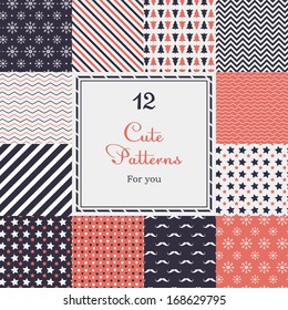 12 Cute different vector seamless patterns (tiling). White, red and dark color. Endless texture can be used for printing onto fabric and paper. Heart, stripes, rhombus, chevron, mustaches.