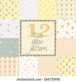 12 cute easter vector patterns (tiling). Endless texture can be used for printing onto fabric and paper or scrap booking.  Seamless pattern with chickens, rabbits, flowers, easter eggs for your design