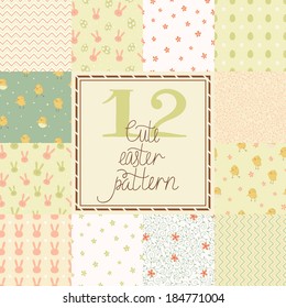 12 cute easter vector patterns (tiling). Endless texture can be used for printing onto fabric and paper or scrap booking.  Seamless pattern with chickens, rabbits, flowers, easter eggs for your design