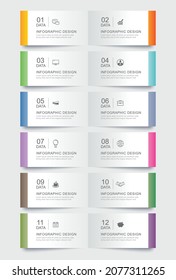 12 data infographics tab paper index template. Vector illustration abstract background.