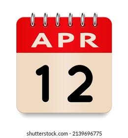 12 días del mes. Abril. Girar el viejo icono diario del calendario formal. Fecha día semana domingo, lunes, martes, miércoles, jueves, viernes, sábado. Corta papel. Fondo blanco. Ilustración vectorial. 3.ª